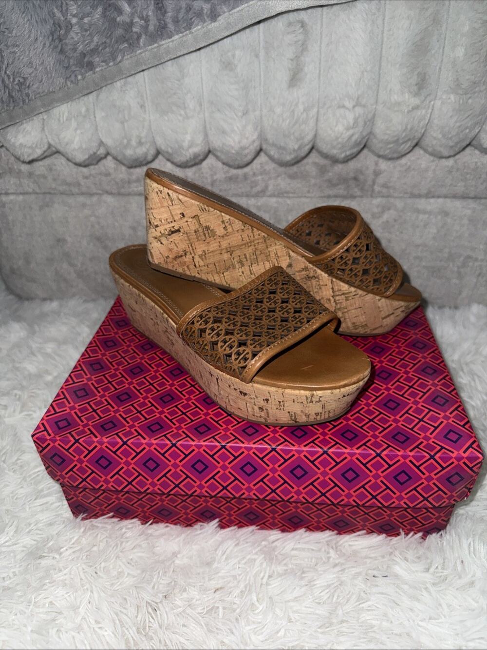 Tory Burch Elaine Wedge Slides Cork Platform Tan Logo Perforated Wm US 7.5